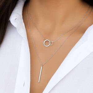 Sterling Silver Layered Necklace Set • Interlocking Circles Necklace